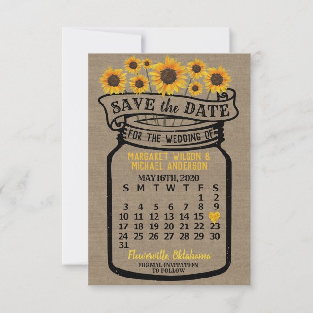 Wedding Mason Jar Sunflowers May 2020 Calendar Save The Date (Front)
