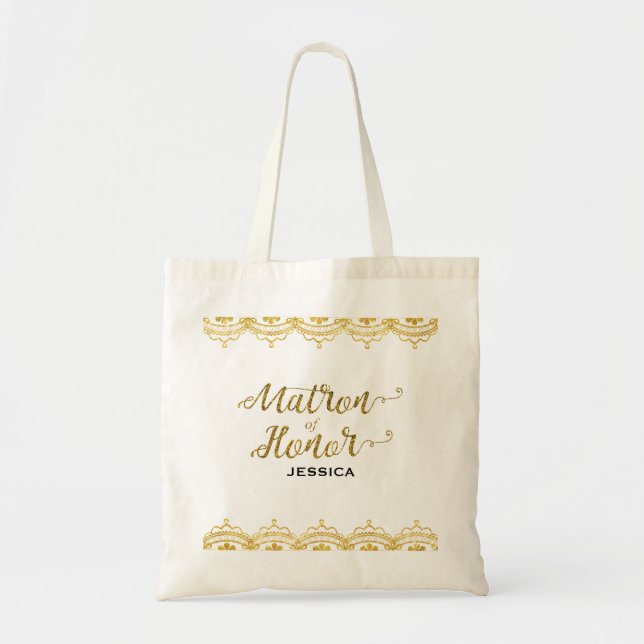 Wedding Matron of Honour Gold Lace Glitter Foil Tote Bag (Front)