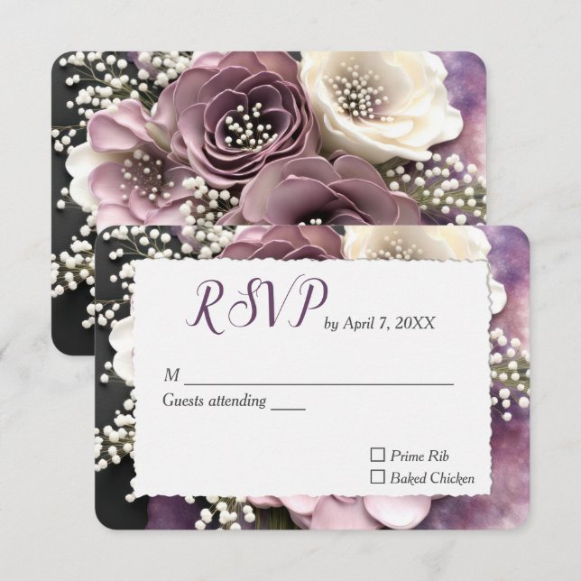 Wedding Mauve Rose with Baby's Breath Design RSVP Card (Front/Back)