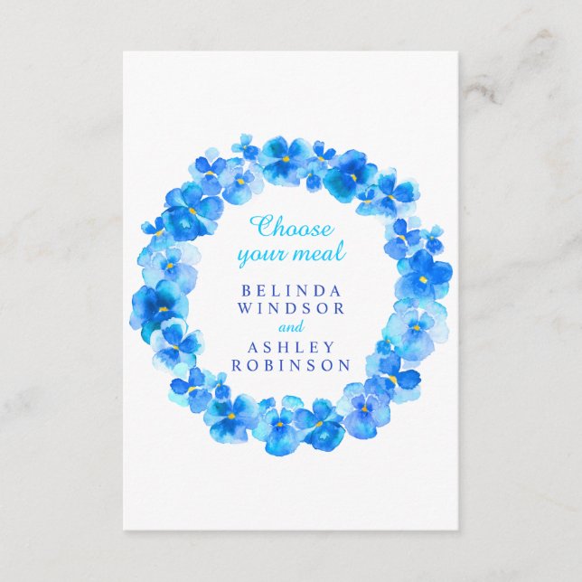 Wedding meal choice blue pansies floral enclosure card (Front)