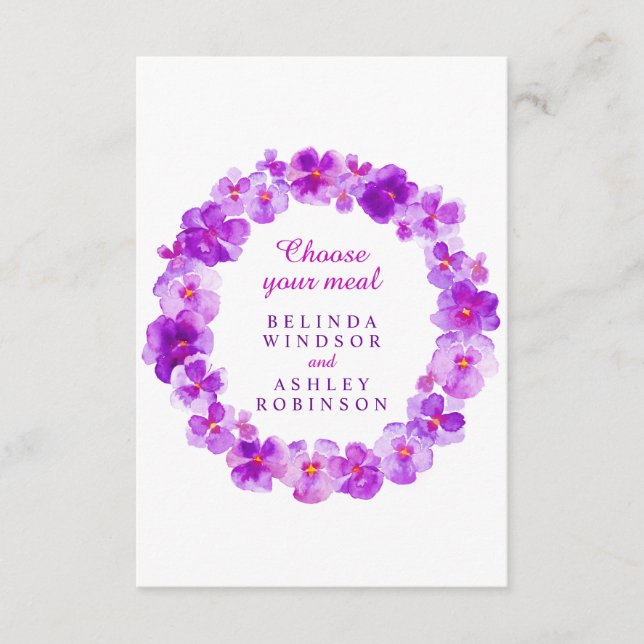 Wedding meal choice purple pansy floral enclosure card (Front)