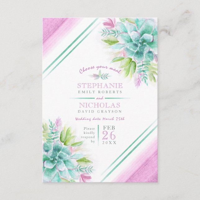 Wedding meal choice succulent pink green wedding enclosure card (Front)