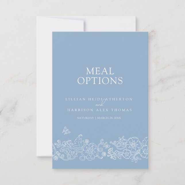 Wedding meal options dusty blue white blossom RSVP card (Front)