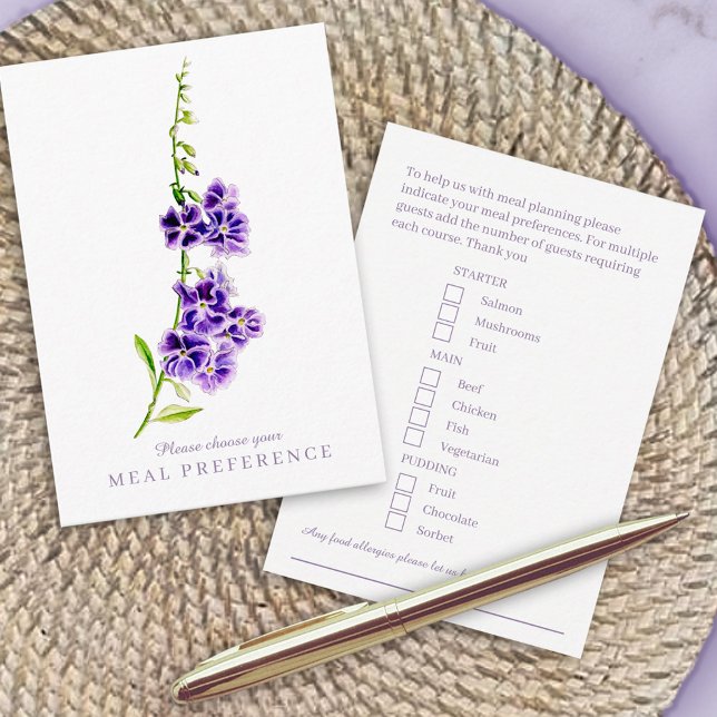 Wedding meal preference purple sky flower art enclosure card (Creator Uploaded)