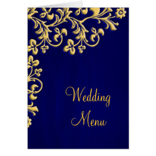 Wedding menu blue and gold brocade card
