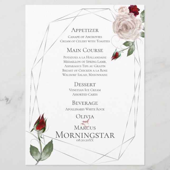 Wedding Menu | Blush and Wine Watercolor Roses (Front)