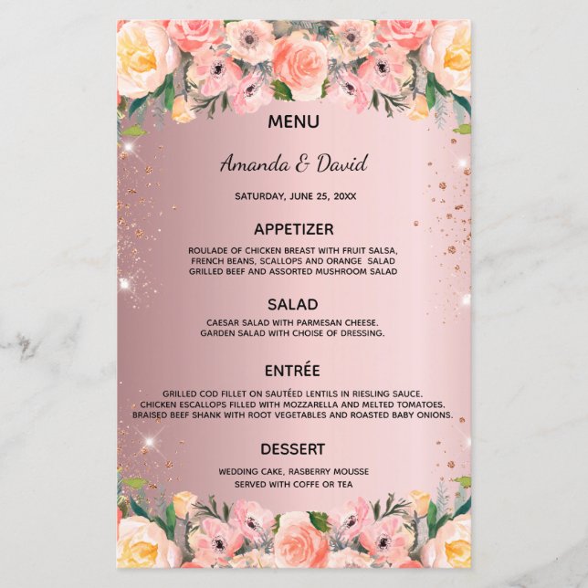 Wedding Menu blush pink floral glitter dusty rose (Front)