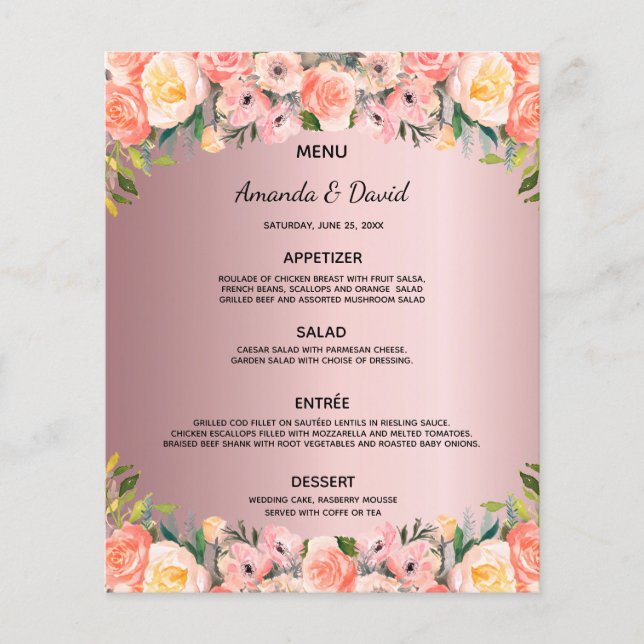 Wedding Menu blush pink florals dusty rose pink (Front)
