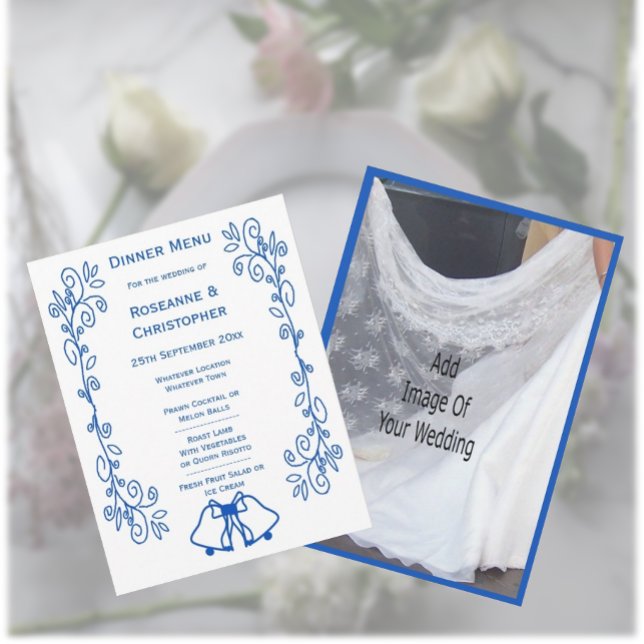 Wedding Menu Card Blue Sapphire Bells Scrollwork  (Creator Uploaded)