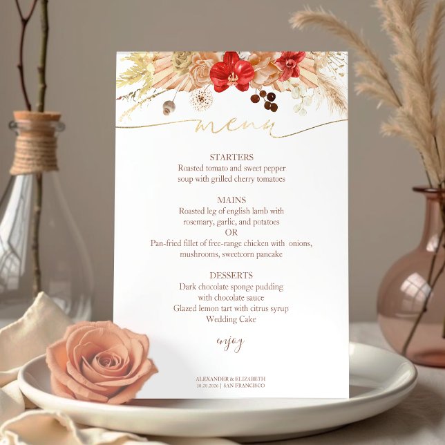Wedding Menu Card Gilded Watercolor Boho Floral (Creator Uploaded)