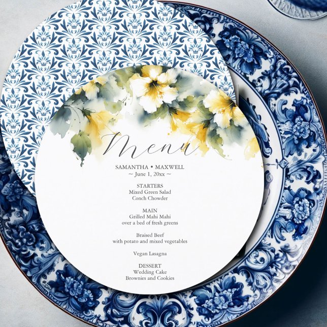 Wedding Menu Card Watercolor Hibiscus Flowers (wedding menu card watercolor yellow hibiscus flowers blue ornate pattern)