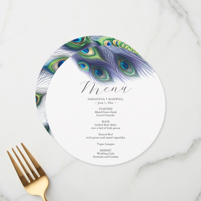Wedding Menu Card Watercolor Peacock (Front/Back In Situ)