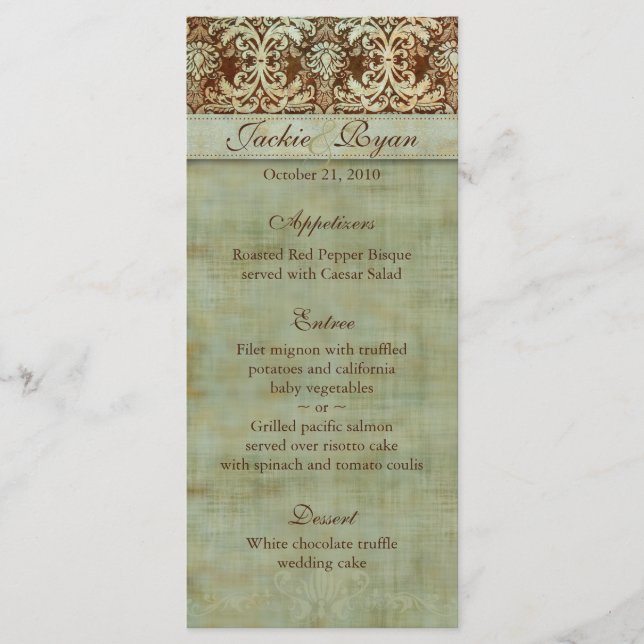 Wedding Menu Cards Damask Brown Green Vintage (Front)