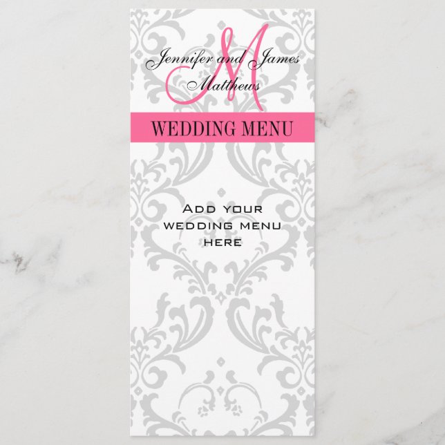 Wedding Menu Cards Damask Monogram Pink White (Front)
