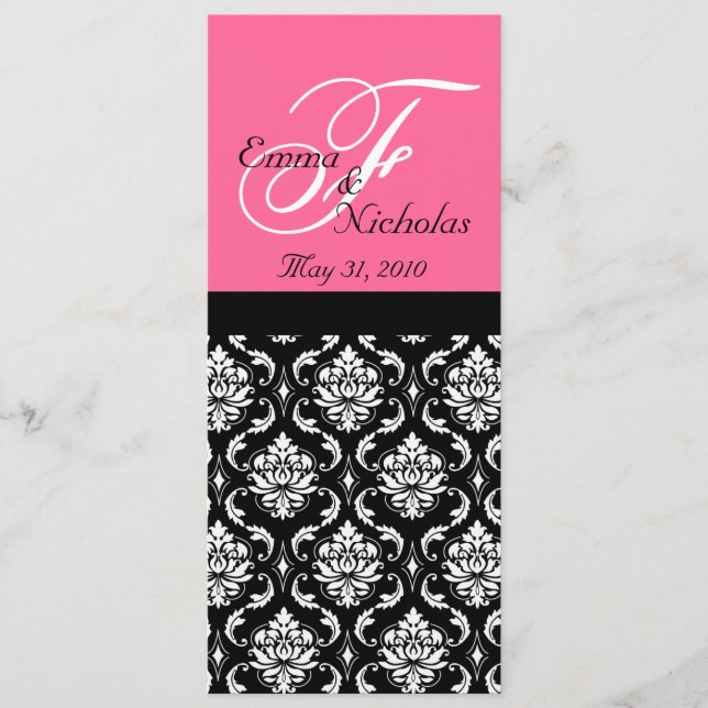 Wedding Menu Cards Hot Pink Monogram Damask (Front)