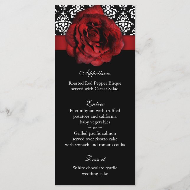 Wedding Menu Cards Red Rose Damask (Front)