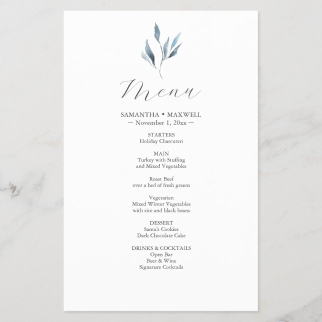 Wedding Menu Cards Watercolor Botanical Leaves (Front)