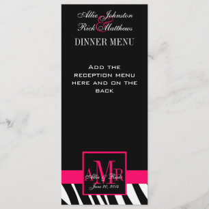 Wedding Menu Cards Zebra Pink Monogram