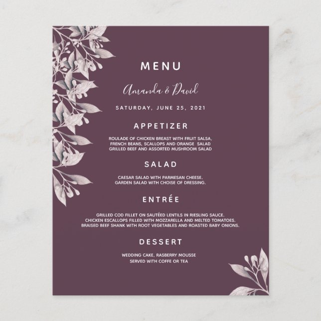 Wedding Menu cassis purple botanical dusty rose (Front)