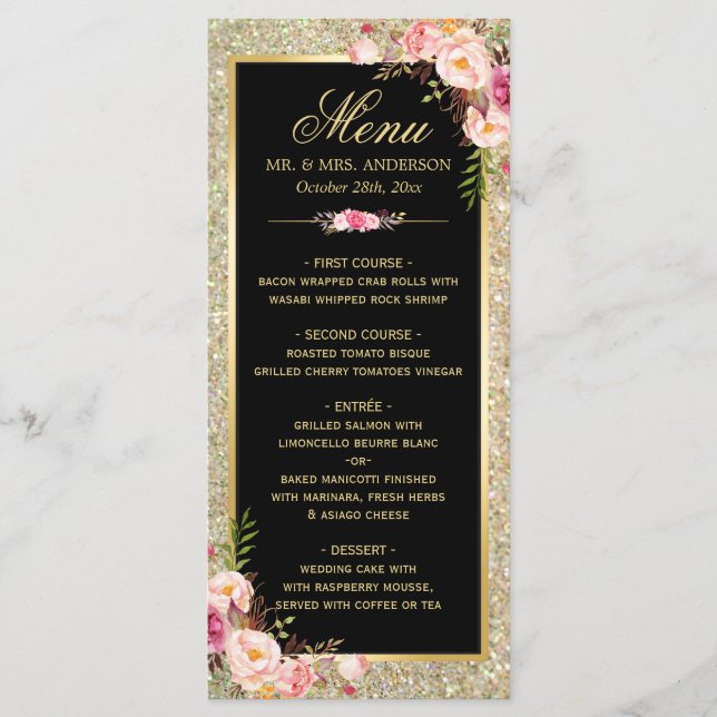 Wedding Menu Classy Floral Gold Glitter Sparkles (Front)