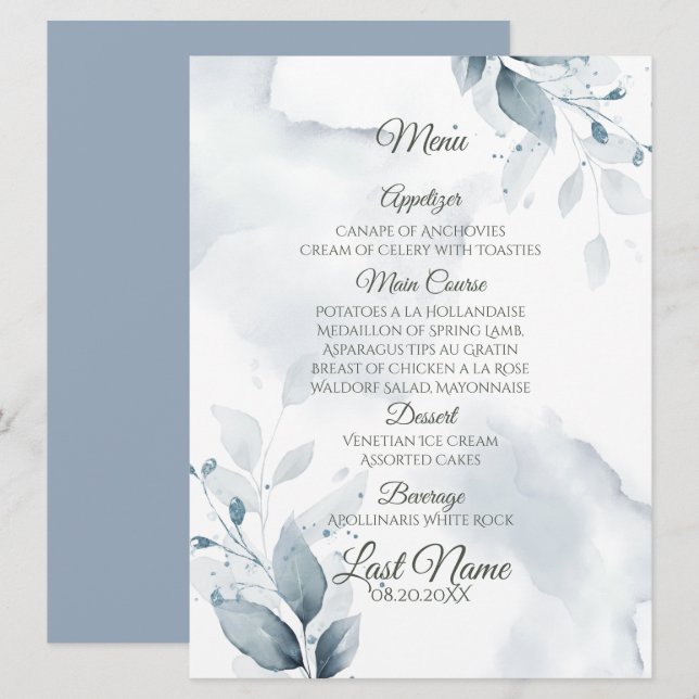 Wedding Menu | Dusty Blue Botanical Menu (Front/Back)