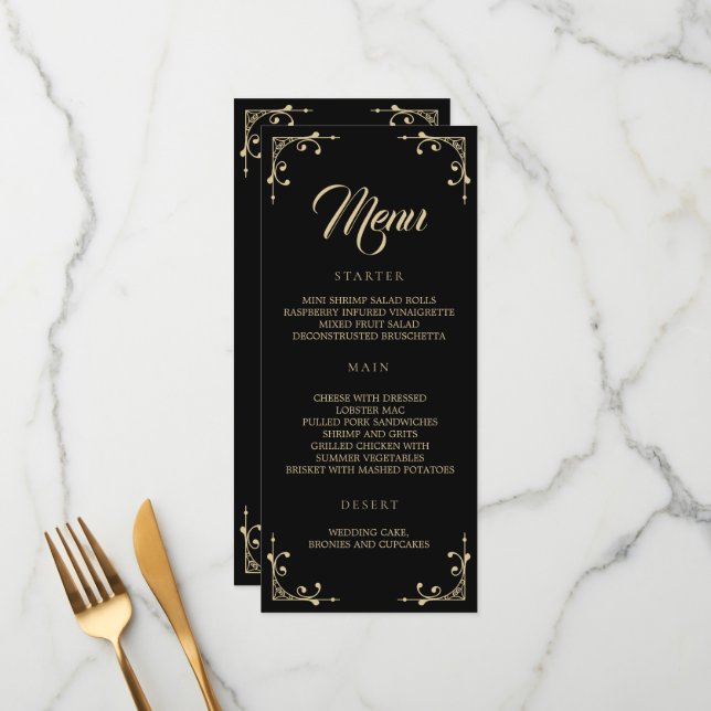 Wedding Menu Elegant Deco Gold Retro Black  (Front/Back In Situ)