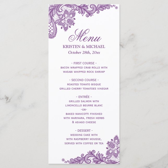 Wedding Menu Elegant Lavender Purple Lace Pattern (Front)