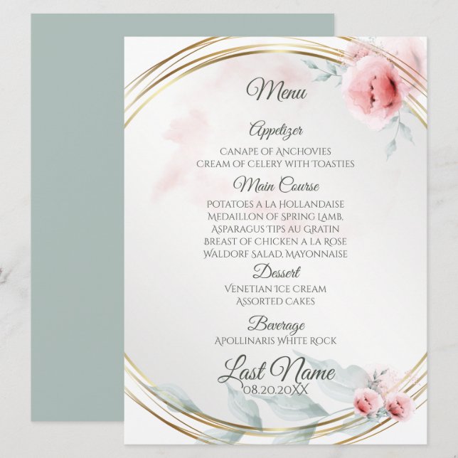 Wedding Menu | Elegant Pink Blush Peony  (Front/Back)