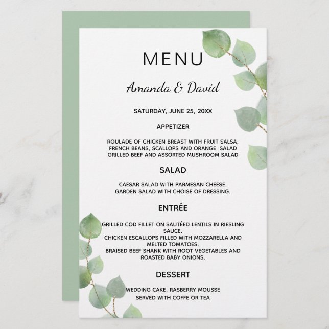 Wedding Menu eucalyptus greenery botanical (Front/Back)