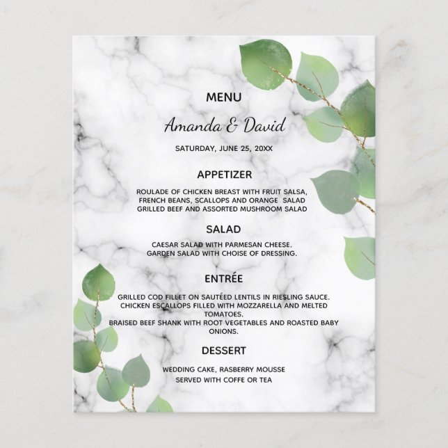 Wedding Menu eucalyptus greenery botanical marble (Front)