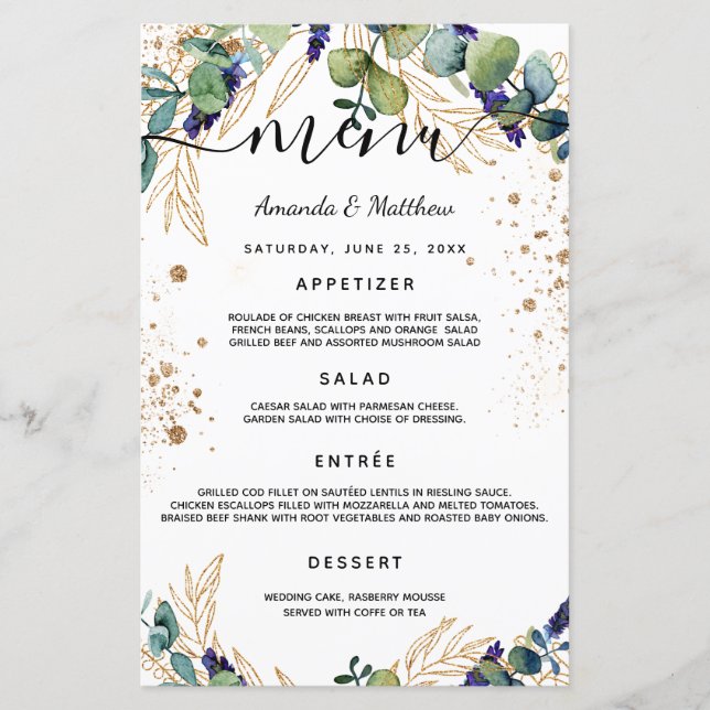 Wedding Menu eucalyptus greenery gold glitter (Front)