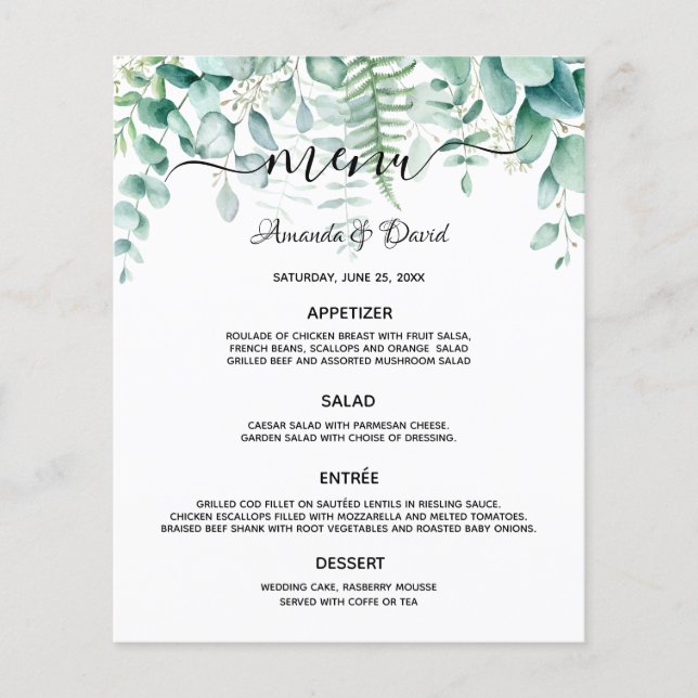 Wedding Menu eucalyptus greenery woodland ferns (Front)