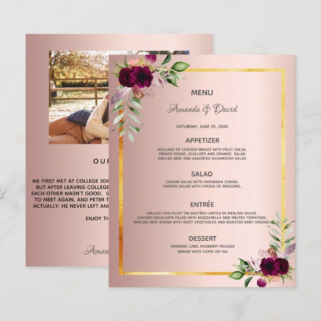 Wedding Menu floral rose gold photo our story (Front/Back)