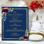 Wedding Menu florals navy blue burgundy<br><div class="desc">An elegant bohemian boho style wedding menu card. Feathers and lush watercolored roses in burgundy.  Templates for your names,  date and the wedding menu. A faux gold frame and a chic navy blue background.  Golden coloured letters.
Back: navy blue background.</div>