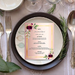 Wedding Menu florals rose gold burgundy budget<br><div class="desc">Please note that this menu is on flyer paper and very thin. Envelopes are not included. For thicker menus (same design) please visit our store. An elegant bohemian boho style wedding menu. Feathers and lush watercolored roses in burgundy. Templates for your names, date and the wedding menu. A faux gold...</div>