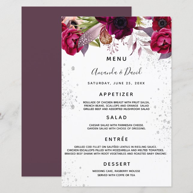 Wedding Menu florals white burgundy purple glitter (Front/Back)