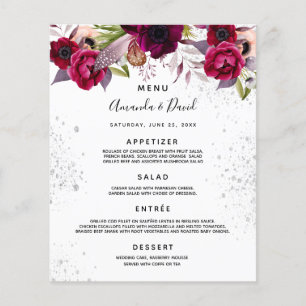 Wedding Menu florals white burgundy purple glitter