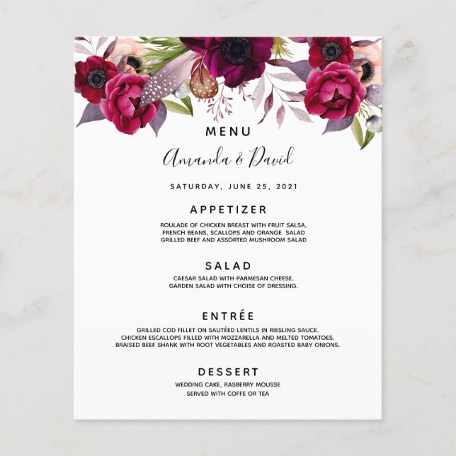 Wedding Menu florals white burgundy sage green (Front)