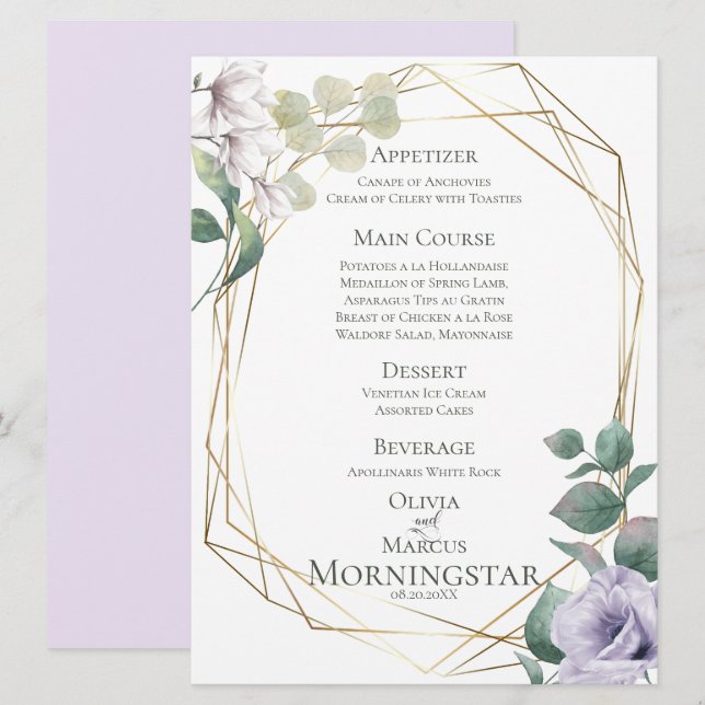 Wedding Menu | Lavender Peony Green Botanical Menu Invitation (Front/Back)