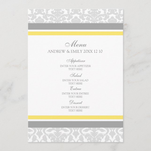 Wedding Menu Lemon Grey Floral Damask (Front)