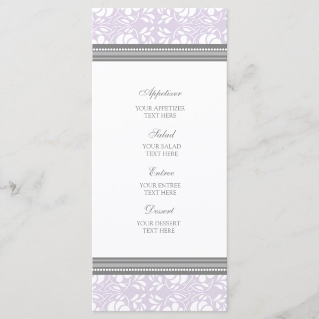 Wedding Menu Lilac Grey Damask (Front)