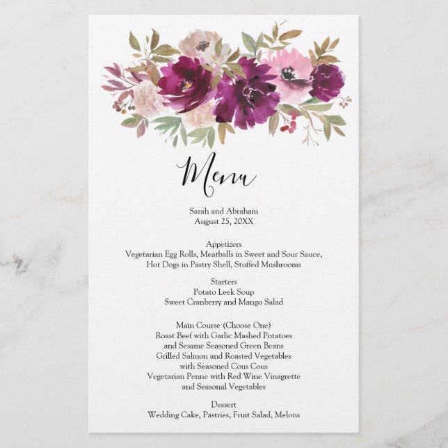 Wedding Menu Menus Menues Watercolor Purple Floral (Front)