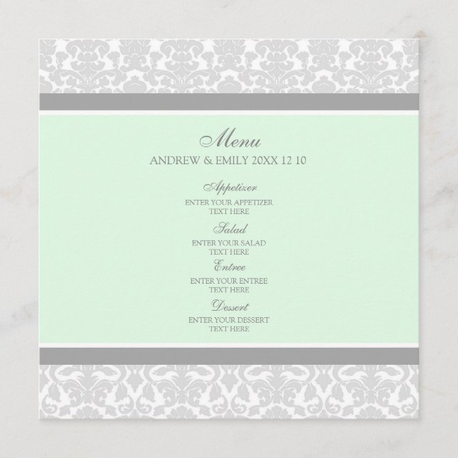 Wedding Menu Mint Grey Floral Damask (Front)