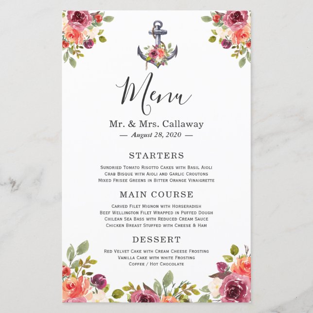 Wedding Menu Nautical Anchor Floral Navy Blue (Front)