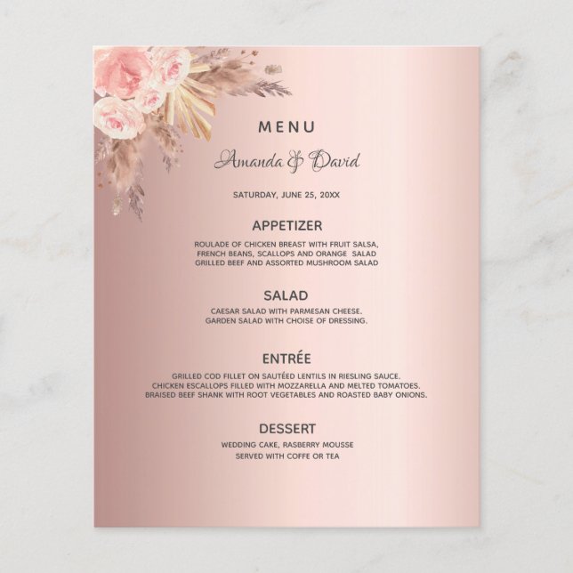 Wedding Menu pampas grass rose gold floral (Front)