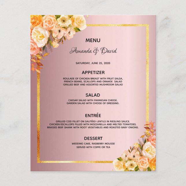 Wedding Menu pink florals dusty rose glam elegant (Front)
