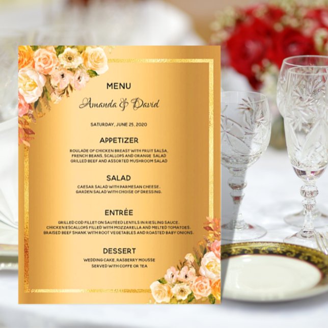 Wedding Menu pink florals gold glam elegant (Creator Uploaded)