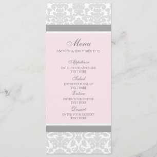 Wedding Menu Pink Grey Floral Damask