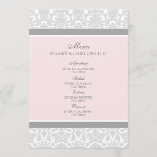Wedding Menu Pink Grey Floral Damask
