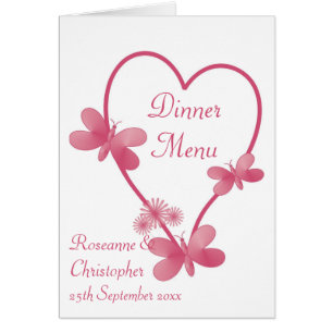 Wedding Menu Pink Heart And Butterflies